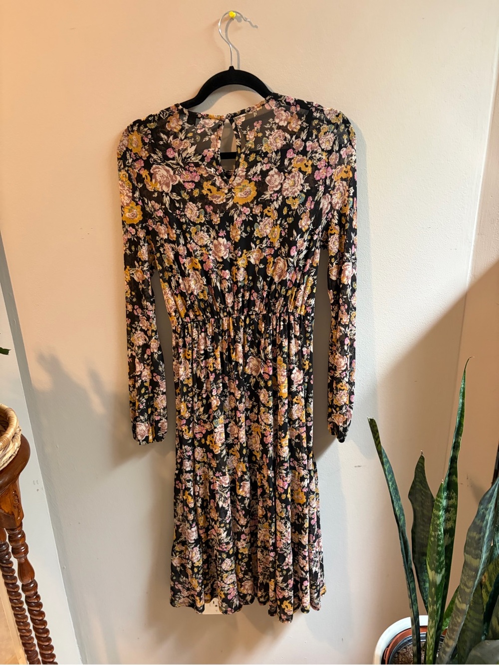 wild fable Black Floral Long-Sleeve Midi Dress with Pink & Mustard Flowers